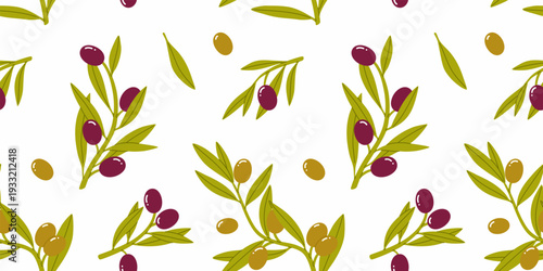 Seamless pattern with green and black olives. Olive tree branches with leaves and ripe fruits.