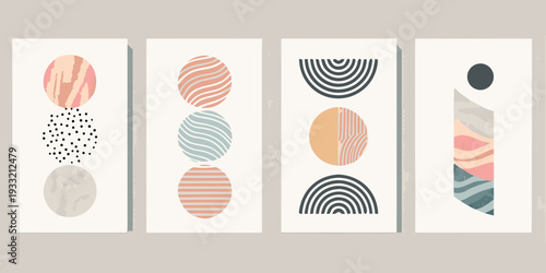 Abstract geometric art prints in pastel shades displayed on a wall