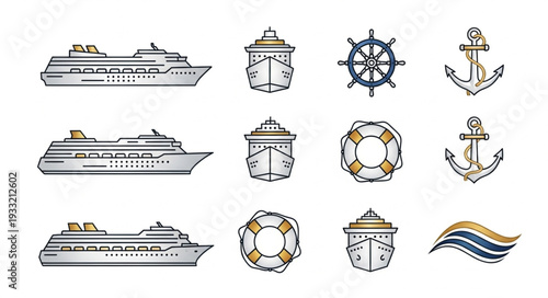 Collection of nautical themed illustrations featuring ships, anchors, and life rings for design.