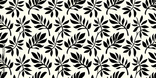 Black and white botanical illustration of delicate repeating leaf patterns