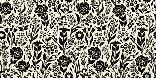 Intricate floral pattern with black silhouettes on a cream background