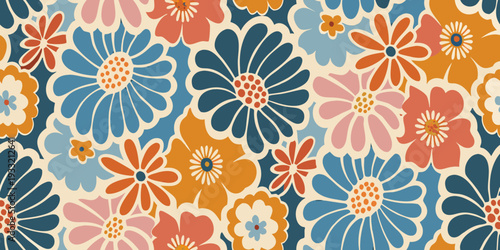 A colorful floral pattern with stylized daisy like blossoms