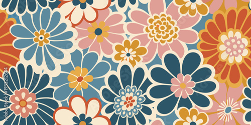 A vibrant repeating pattern of stylized floral shapes and colors