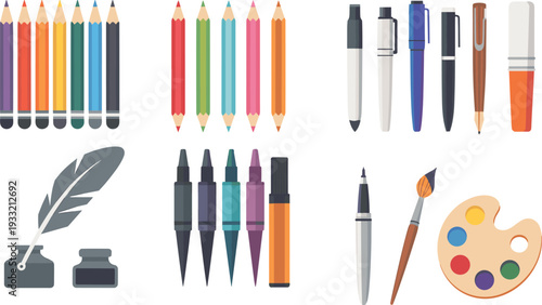 Colorful stationery and art supplies icons set pencils pens markers brush palette vector illustration collection