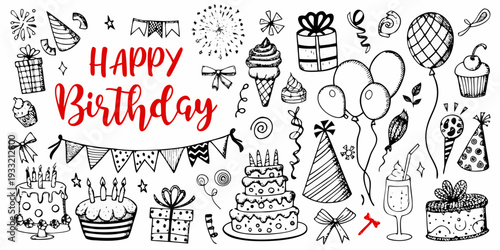 Hand drawn birthday elements including cakes balloons and celebratory decorations