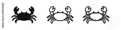 Crab Sea Animal Icon Set in Silhouette, Outline, and Hand-Drawn Sketch Styles