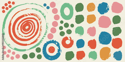 Abstract colorful shapes and spirals on a beige background