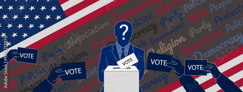 Silhouette candidate with question mark casting ballot, surrounded by vote cards and US flag background, symbolizing democracy and elections.