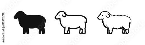 Standing Sheep Icon Set. Vector silhouette, outline, and hand-drawn sketch style farm animal graphics.