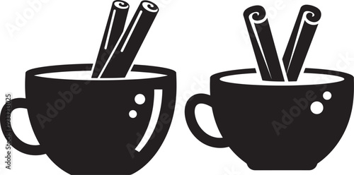 Hot drink silhouette in two cups with cinnamon sticks