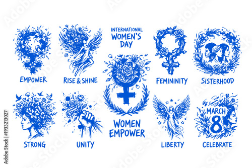 International Women's Day Symbol Elegant Floral Design Celebrating Femininity Empowerment Logo Women Empower March 8 Set