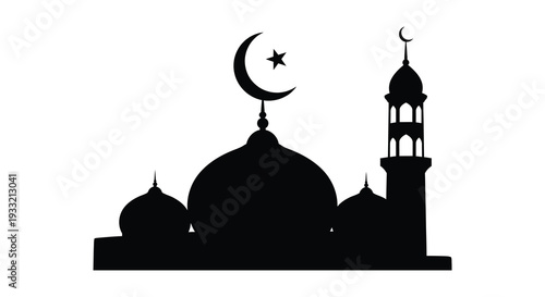 A striking black silhouette of a mosque with a crescent moon and star evoking islamic faith silhouette