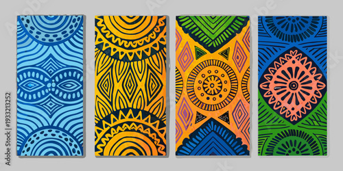 Four rectangular chocolate bars with vibrant patterned wrappers
