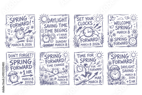 Spring Forward Daylight Saving Time March 8 2026 Collage Style Banner Clock Change Time Adjustment Set