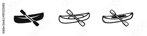Canoe Icon Set with Paddle. Vector silhouette, outline, and hand-drawn sketch style boating graphics.