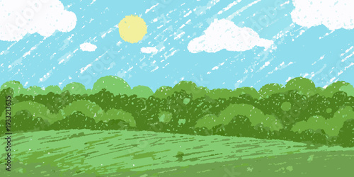A brightly colored illustration of a sunny day with trees and grass