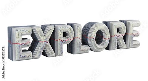 3D explore typography text in marble stone texture with realistic depth and natural lighting for business adventure travel