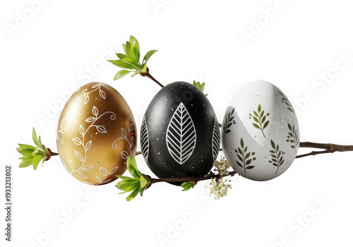 Easter eggs on a branch with leaves