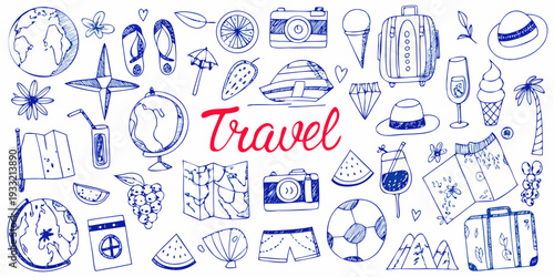 Doodle style illustration of travel themed objects and handwritten text