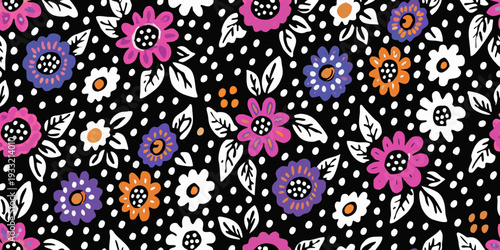 Vibrant floral pattern with colorful flowers and scattered polka dots