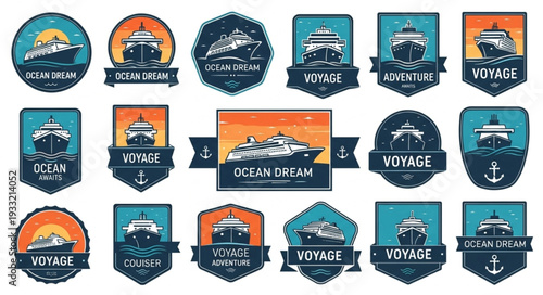 Collection of vintage nautical voyage and ocean travel badges and emblems.