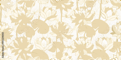 Elegant floral pattern featuring stylized lotus blooms in beige tones