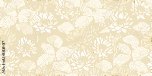 Delicate floral pattern with shells in soft beige and gold tones