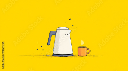 White electric kettle preparing hot drink on yellow background
