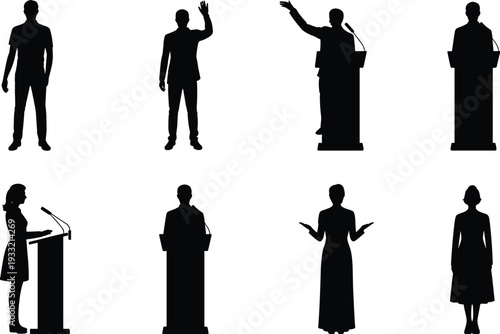 Black people silhouettes collection, male and female figures, podium public speaking icons, leadership communication poses, debate presentation vector design elements