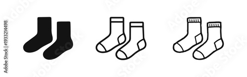 Socks Icon Set. Pair of Casual Footwear in Solid, Outline and Hand-Drawn Styles. Clothing Apparel Vector.