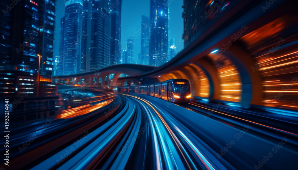 Naklejka premium Dynamic urban train traveling through futuristic cityscape at night with stunning neon lights creating vibrant motion blur effects
