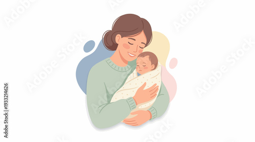 Motherhood and Pregnancy Illustration Set, Pregnant Woman with Tummy and Mother with Newborn Baby, Natural Botanical Background, Flat Vector