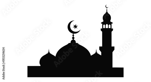 A striking black silhouette depicts a traditional islamic mosque with a crescent moon representing faith and culture silhouette