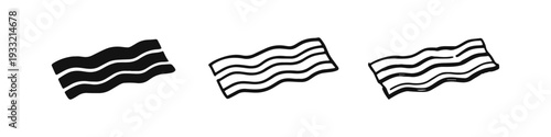 Bacon Strips Icon Set. Breakfast Food Elements in Solid, Outline and Hand-Drawn Styles. Meat Vector.