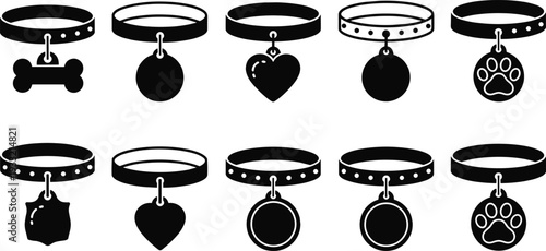Pet collar ID tags vector set with bone heart and paw print icons for dog and cat accessories