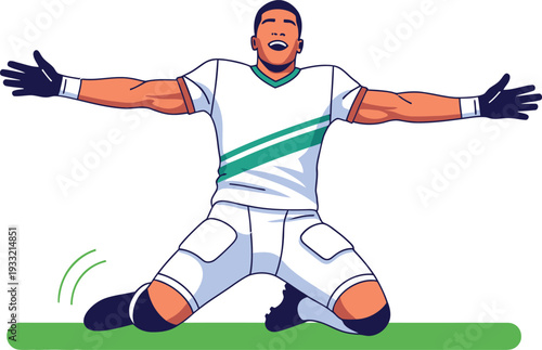 Soccer player celebrating a goal on the field with arms outstretched