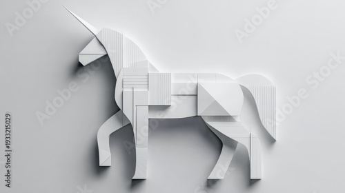 White unicorn creating geometric abstract paper artwork