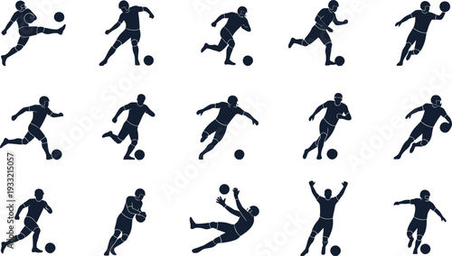 Collection of soccer player silhouettes in various actions