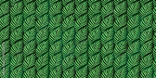 A repeating pattern of vibrant green tropical palm leaves