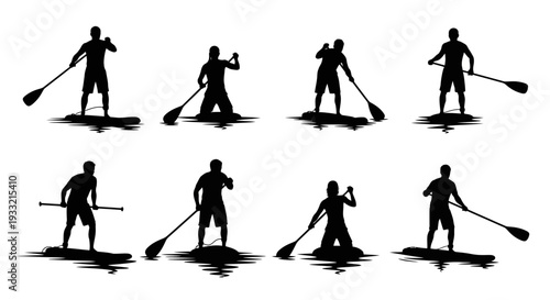 Collection of Silhouettes of People Paddleboarding on Water.