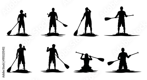 Collection of Silhouettes of People Paddleboarding in Various Poses.
