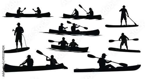 Collection of Silhouettes Featuring People Paddling Canoes and Kayaks.