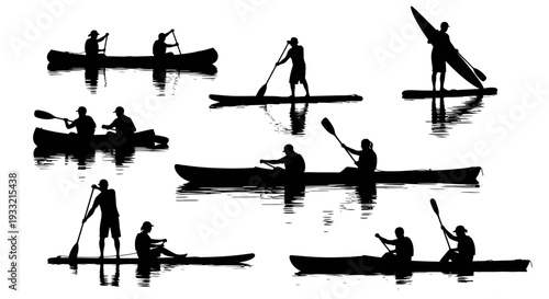 Silhouettes of people paddling canoes and kayaks on calm water.