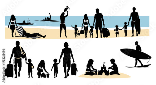 Family vacation beach activities silhouettes illustration.