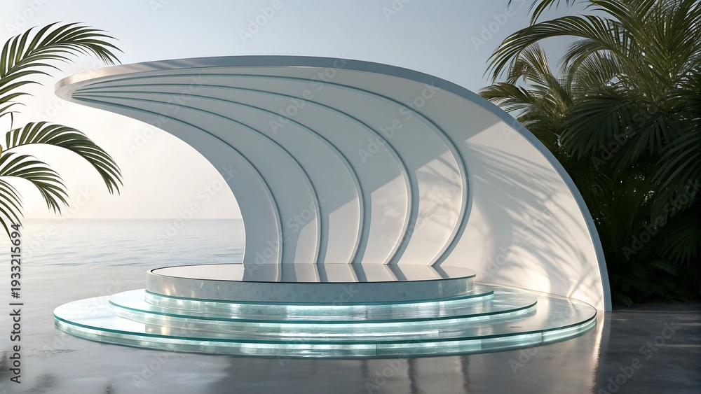Obraz premium Futuristic Outdoor Stage with Wave Canopy and Tropical Foliage Keywords: stage, podium, platform