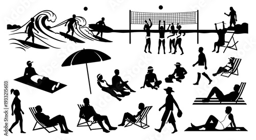 Collection of people enjoying beach activities and leisure.