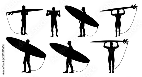 Silhouettes of surfers holding surfboards in various poses.