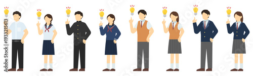 フラットイラスト：アイデアを思いつく中高生男女セット