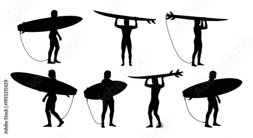 Collection of surfers carrying surfboards in various poses.