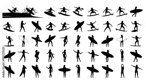 Collection of Silhouettes of People Surfing and Water Sports.
